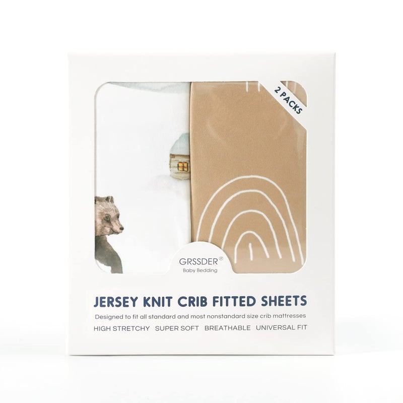 GRSSDER Stretchy Crib Sheets 2 Pack for Baby, Ultra Soft Jersey Knit Crib Fitted Sheets with Deep Pocket, Universal Fits All Standard Crib Mattress Pads Safe and Snug, Jungle Bear/Rainbow - Image 4